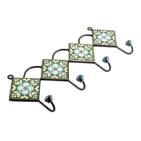 Forest Green And Turquoise Ceramic Floral Tiles Hooks